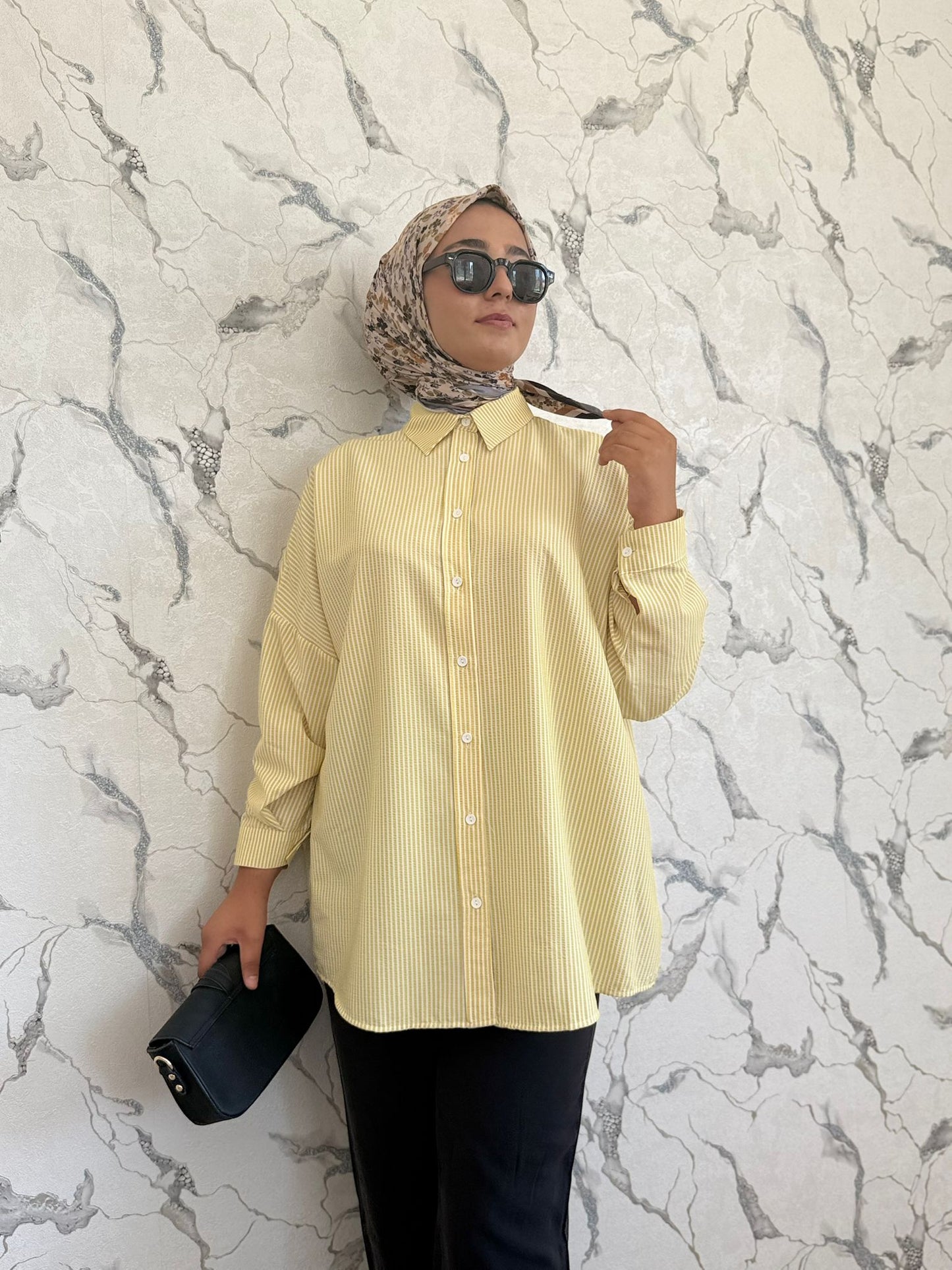 Kadın Sarı Çizgili Viskon Gömlek-Yazlık Rahat ve Şık Tasarım/Sofanest