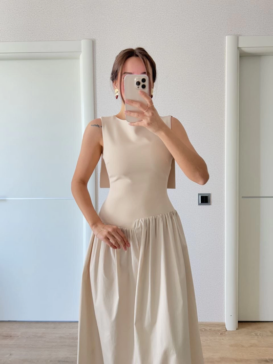 Sofanest Krep Arkası Kanat Arka Ön Pens Detaylı Uzun Kadın Elbise - Bej