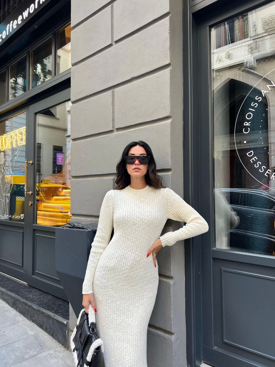 Sofanest Bisiklet Yaka Fitilli Uzun Elbise - Beyaz