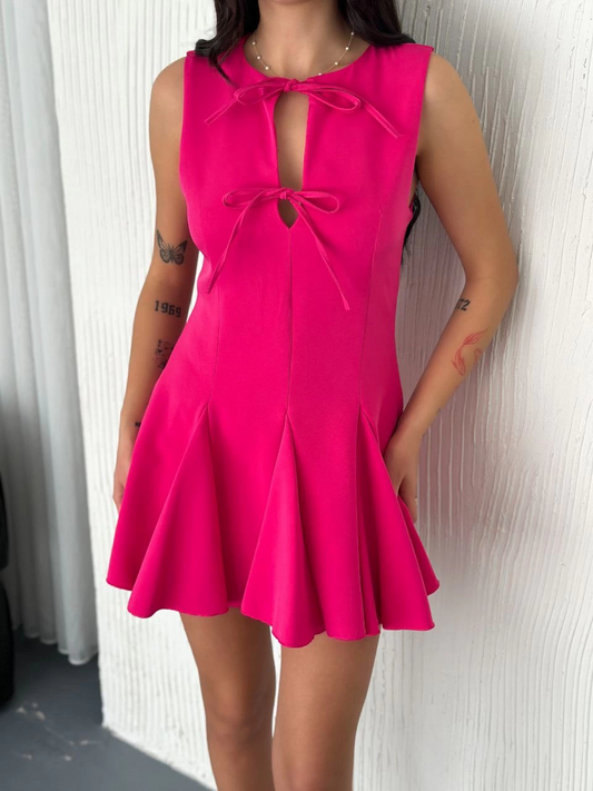 Sofanest Göğüs Bağlamalı Kolsuz Mini Boy Elbise - Pembe