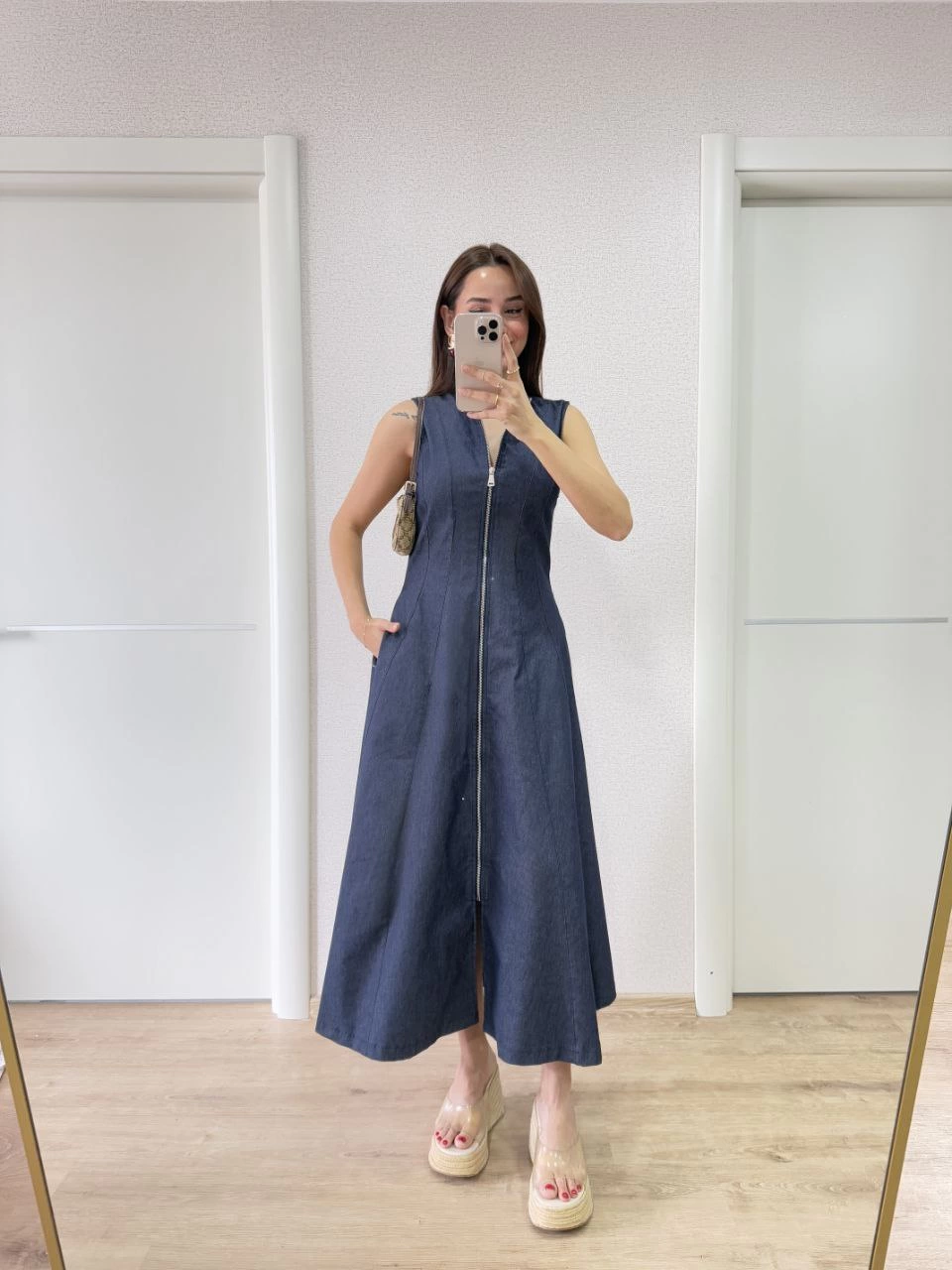 Sofanest Jeans Kot Önü Tam Fermuarlı Kadın Uzun Elbise - Mavi