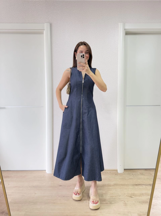 Sofanest Jeans Kot Önü Tam Fermuarlı Kadın Uzun Elbise - Mavi