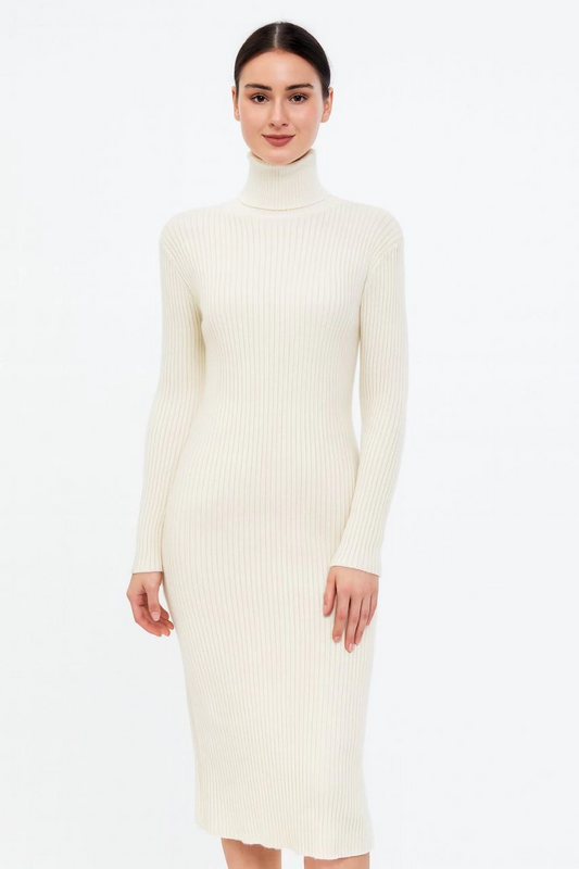 Sofanest Kadın Boğazlı Uzun Fitilli Triko Dokuma Elbise - Beyaz