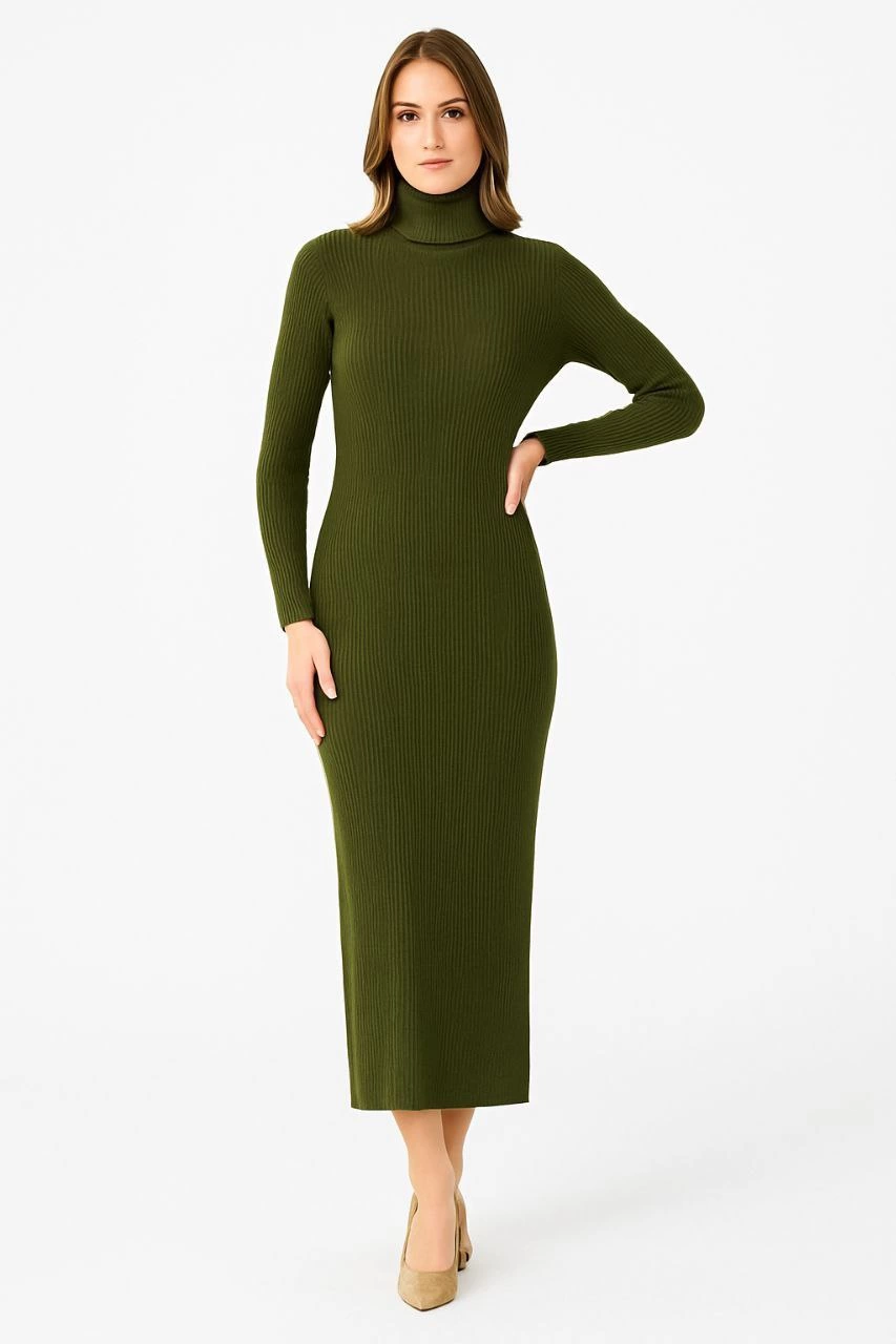 Sofanest Kadın Boğazlı Uzun Fitilli Triko Dokuma Elbise - Haki
