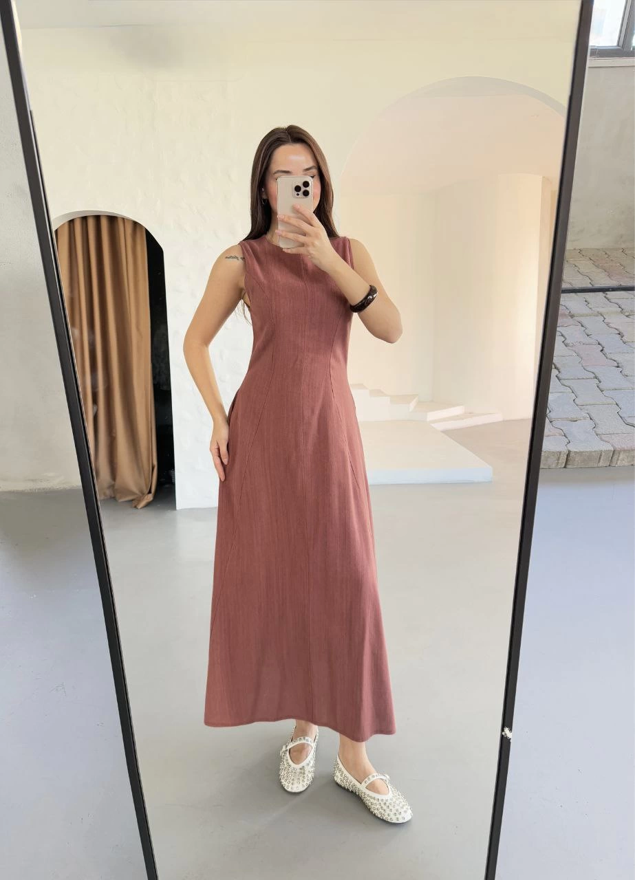 Sofanest Keten Kolsuz Uzun Sırtı Kapalı Bisiklet Yaka Elbise - Gül Kurusu