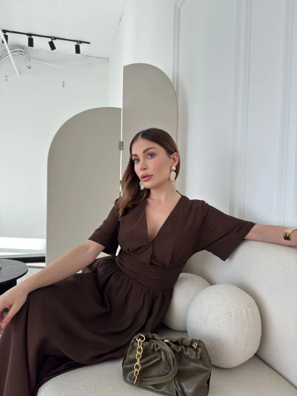 Sofanest Kısa Kollu Uzun Elbise - Kahve