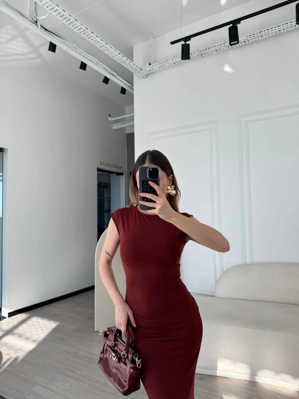 Sofanest Kolsuz Uzun Likralı Elbise - Bordo