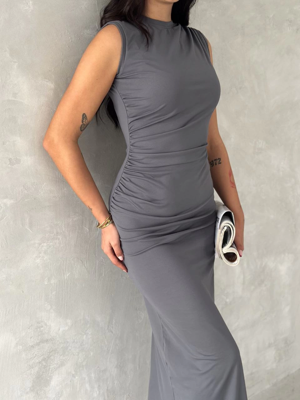 Sofanest Kolsuz Yırtmaçlı Uzun maxı boy Elbise - Gri