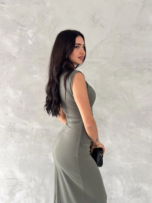 Sofanest Kolsuz Yırtmaçlı Uzun maxı boy Elbise - Yeşil