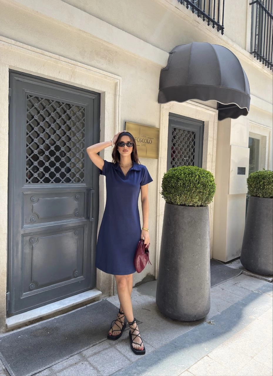 Sofanest Osy Modal Yumuşak Dokulu Kumaş Yakalı Kısa Kollu Elbise - Mavi