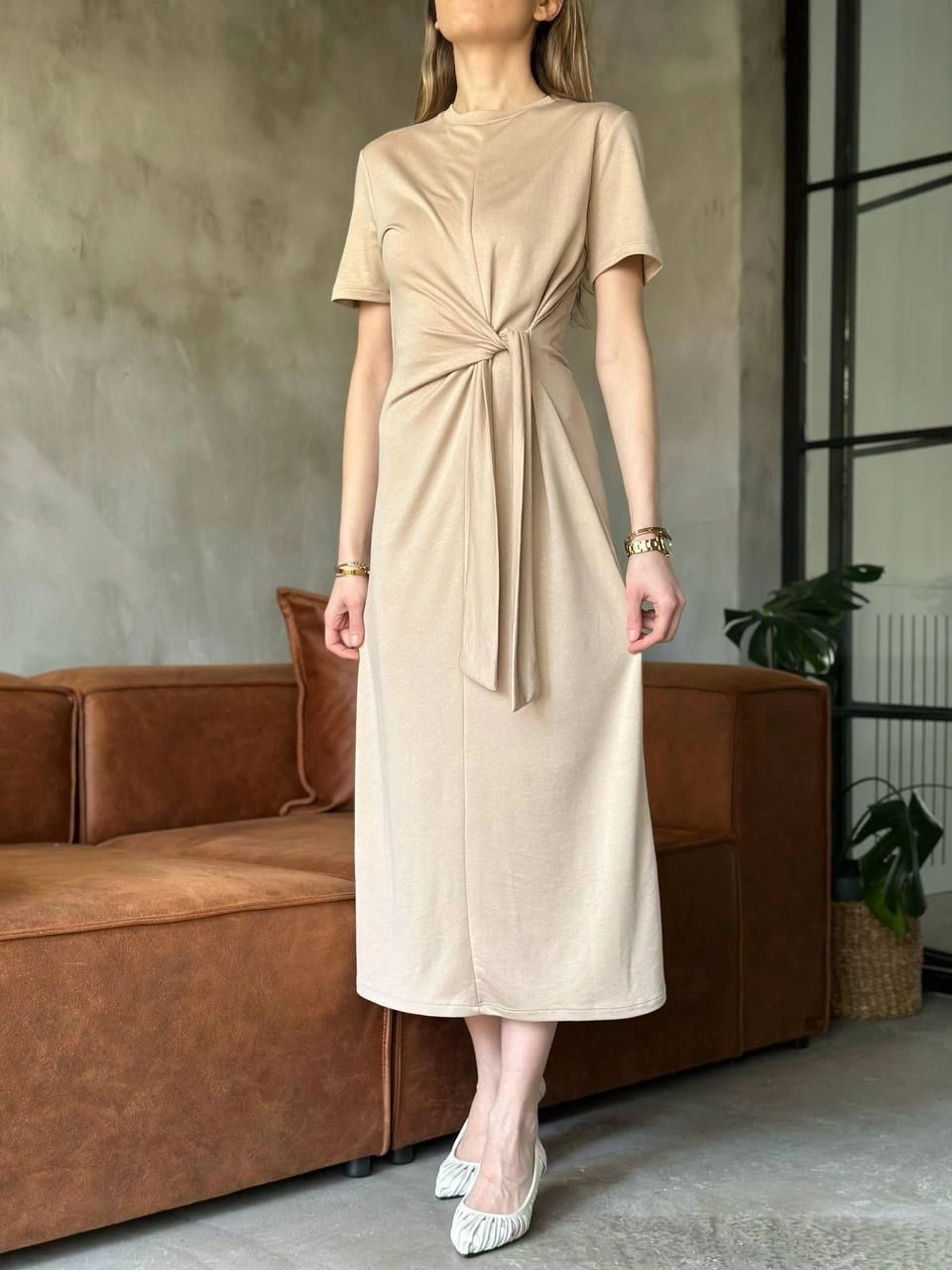 Sofanest Osy Modal Yumuşak Dokulu Kumaş Yandan Bağlamalı Elbise - Bej