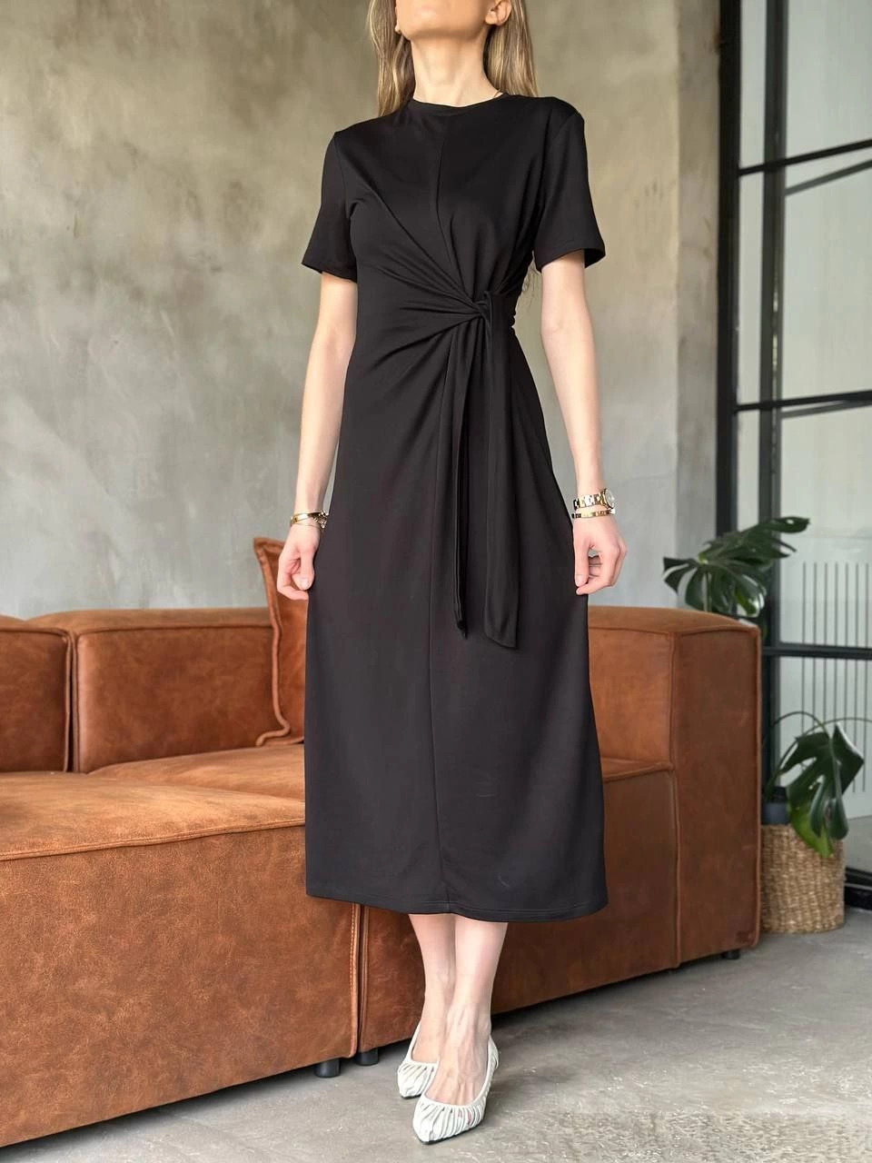 Sofanest Osy Modal Yumuşak Dokulu Kumaş Yandan Bağlamalı Elbise - Siyah