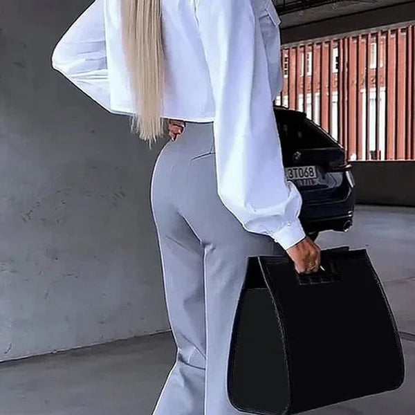 Sofanest Şık Kadın İkili Takım – Beyaz Crop Gömlek ve Yüksek Bel Siyah Pantolon, Modern Polyester Kombin