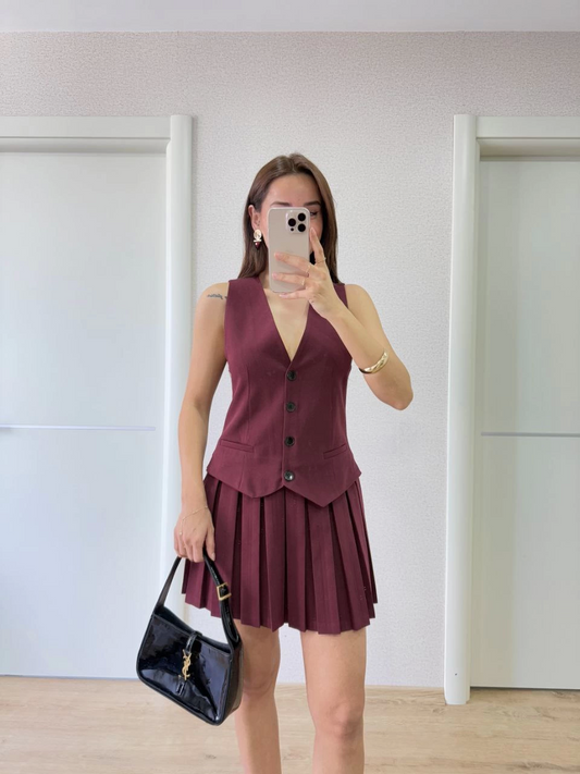 Sofanest Keten Takım Görünümlü Düğme Detaylı Yelekli Mini Elbise - Bordo