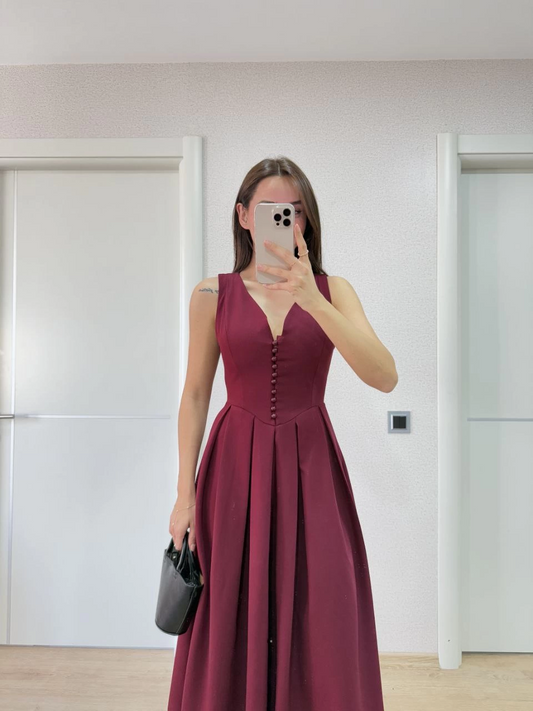 Sofanest V yaka Krep Arka Ön Pens Detaylı Uzun Kolsuz Elbise - Bordo