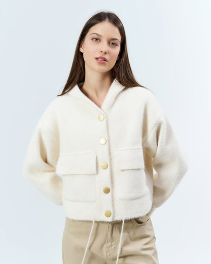 Tüylü Kadın Hırka – Gold Çıt Çıtlı Kalın Kışlık Triko, Angora-Efekt %80 Polyamid %20 Polyester