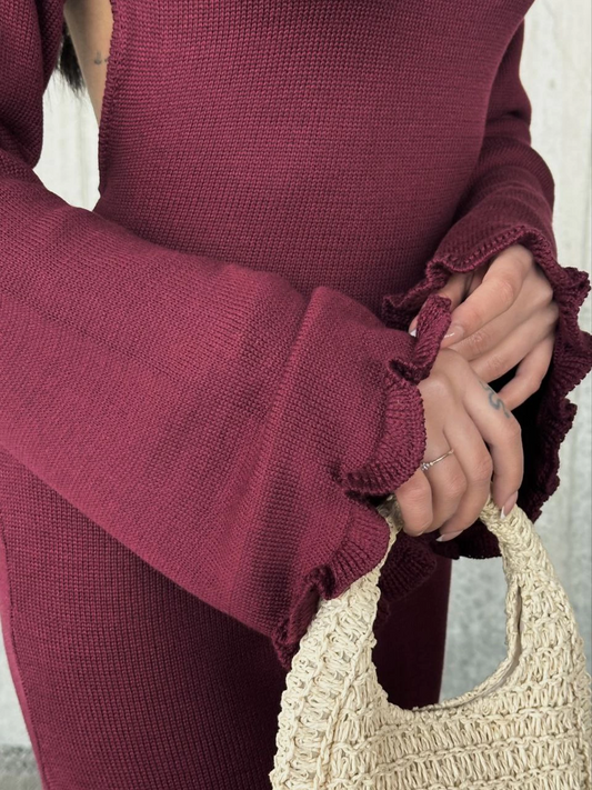 Sofanest Acık Sırt Detaylı Maxi Uzun Boy Elbise- Bordo