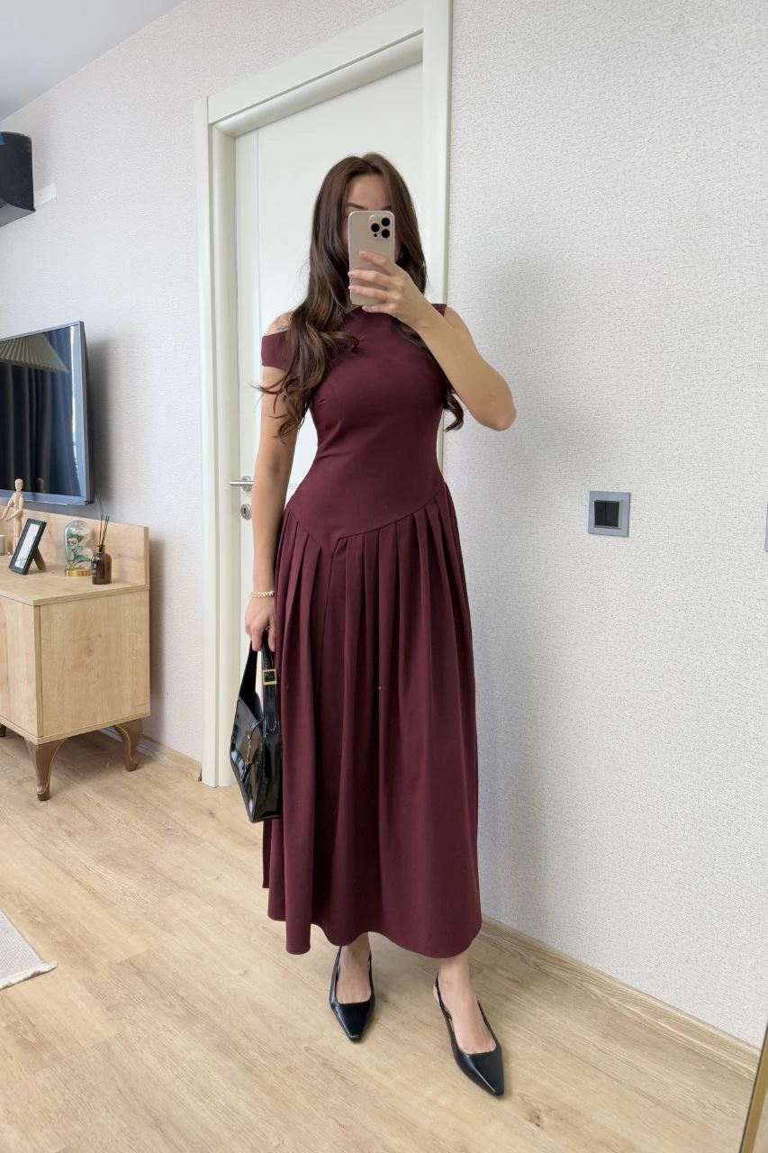 Sofanest Asimetrik düşük yaka Kolsuz Uzun Elbise - Bordo