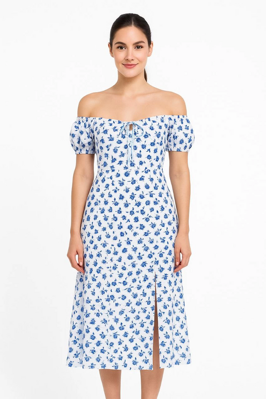 Sofanest Bardot Omuzu Acık Çiçek Desenli Elbise - Desenli