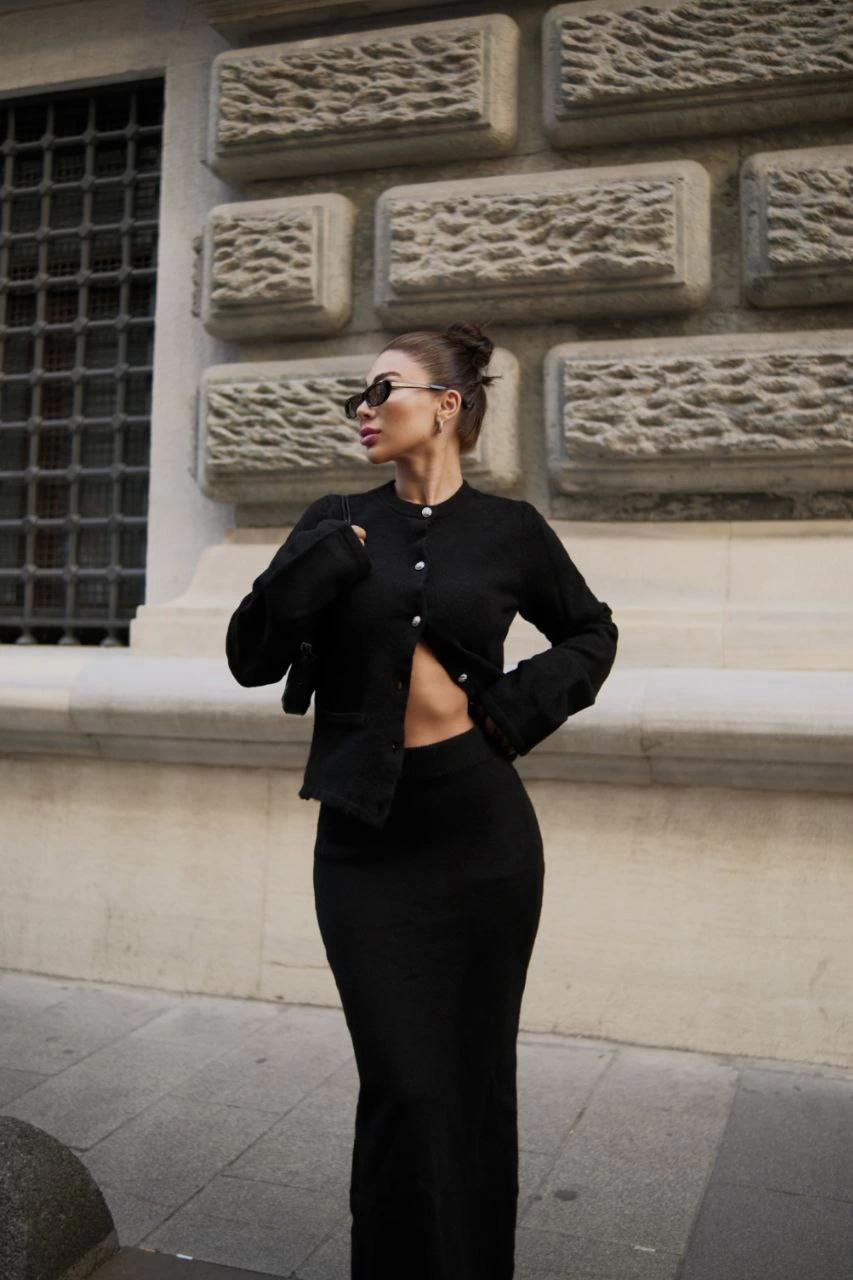 Sofanest Düğmeli Triko İkili Etekli Takım- Siyah