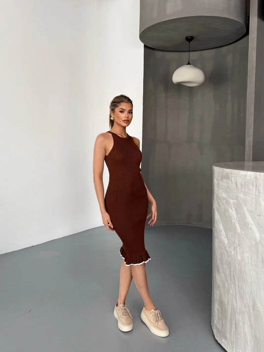 Sofanest Fırfır Detaylı Triko Elbise- Kahverengi