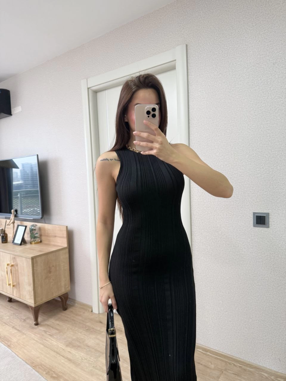 Sofanest Fitilli Triko Elbise Kolsuz Sırtı Kapalı Maxi Uzun Boy - Siyah