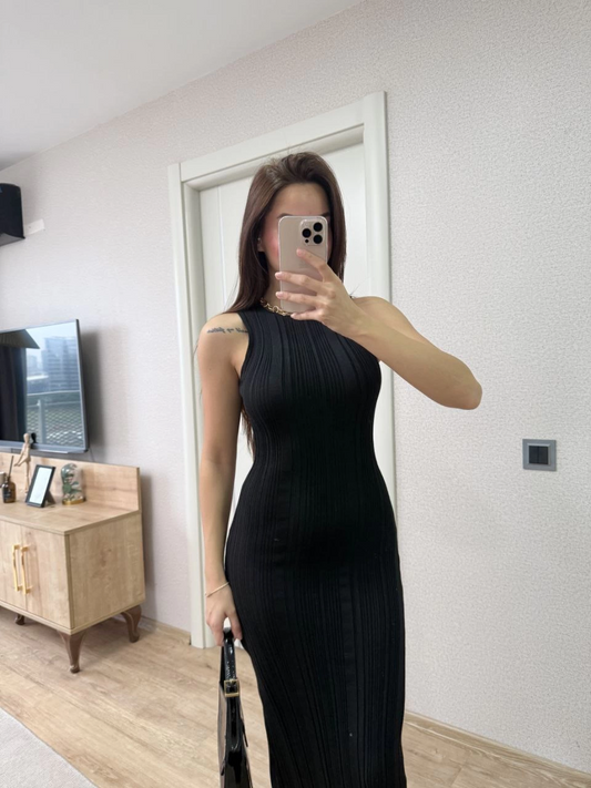 Sofanest Fitilli Triko Elbise Kolsuz Sırtı Kapalı Maxi Uzun Boy - Siyah
