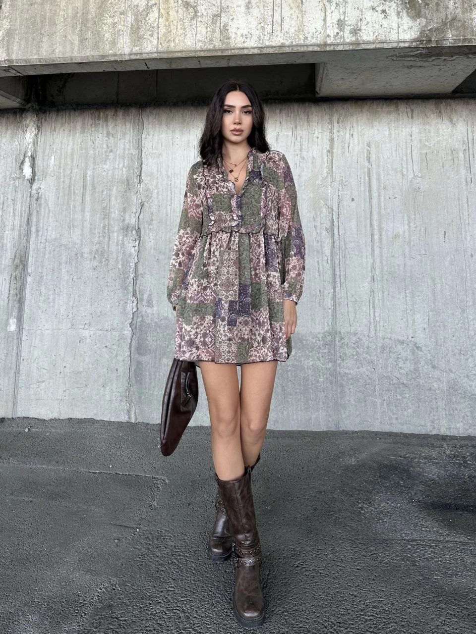 Sofanest içi astarlı Şifon Elbise - Desenli