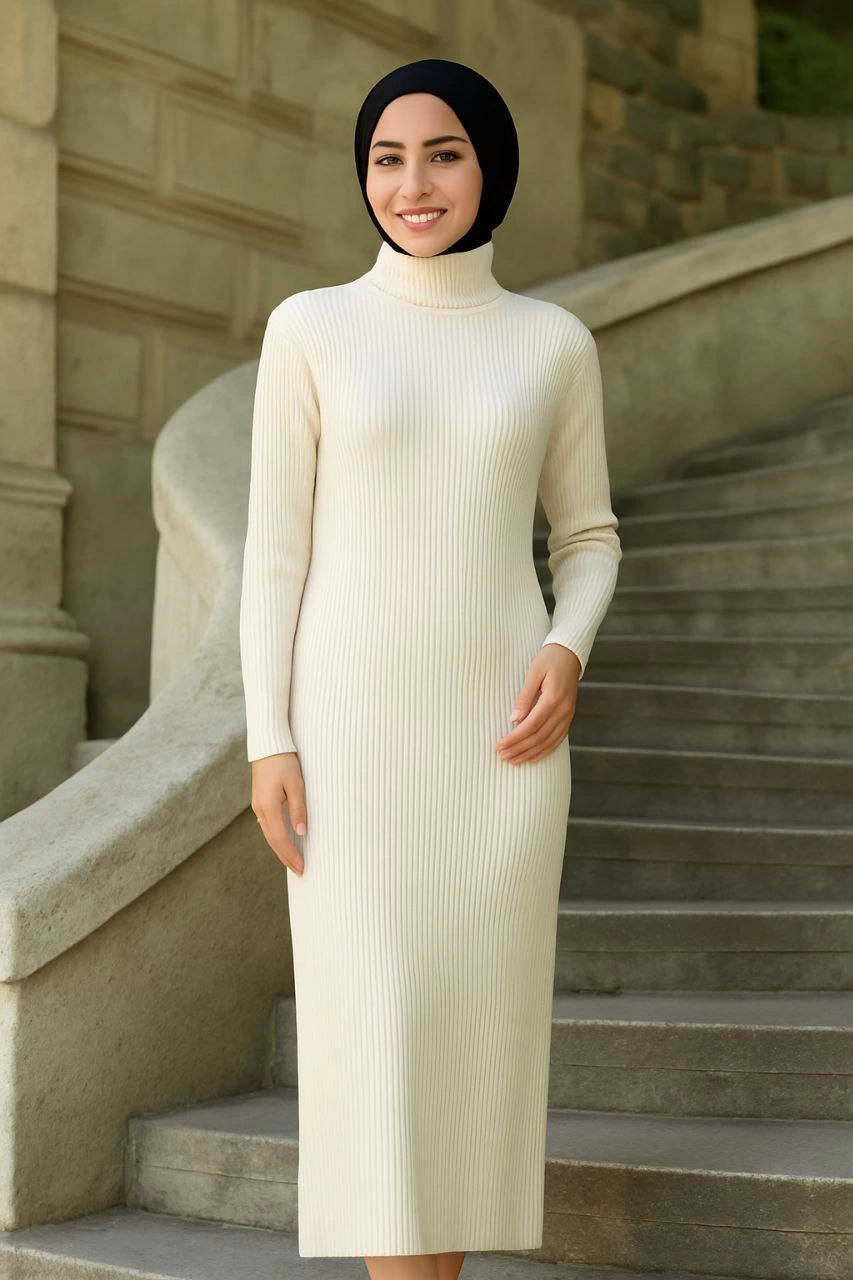 Sofanest Kadın Boğazlı Uzun Fitilli Tesettüre Uygun Triko Dokuma Elbise - Beyaz