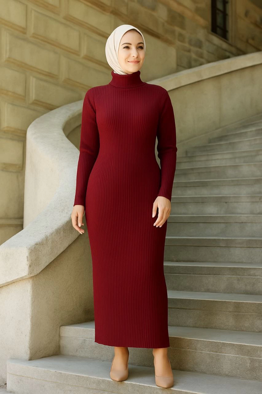 Sofanest Kadın Boğazlı Uzun Fitilli Tesettüre Uygun Triko Dokuma Elbise - Bordo