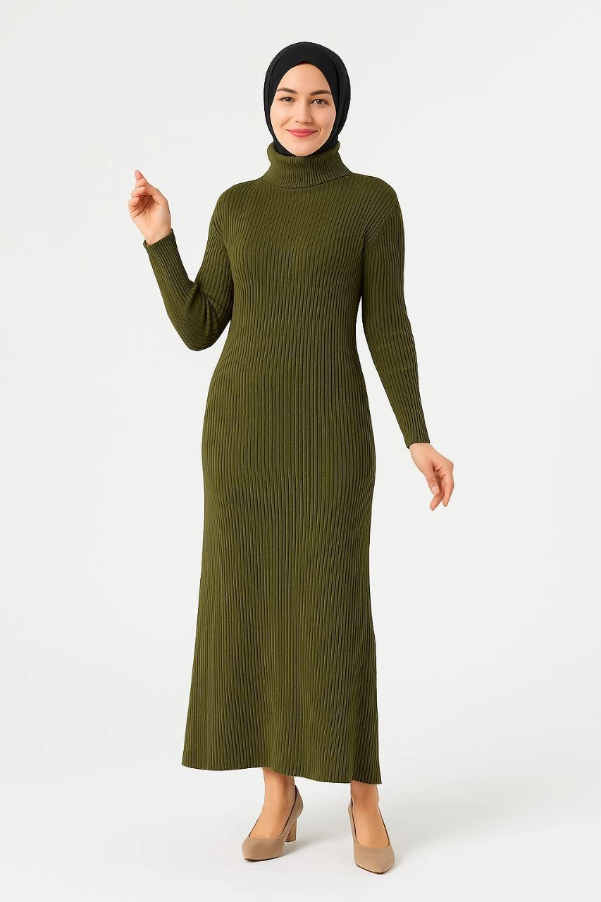 Sofanest Kadın Boğazlı Uzun Fitilli Tesettüre Uygun Triko Dokuma Elbise - Haki
