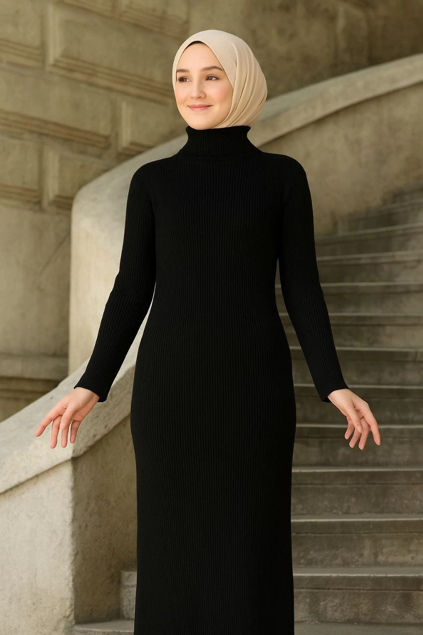 Sofanest Kadın Boğazlı Uzun Fitilli Tesettüre Uygun Triko Dokuma Elbise - Siyah