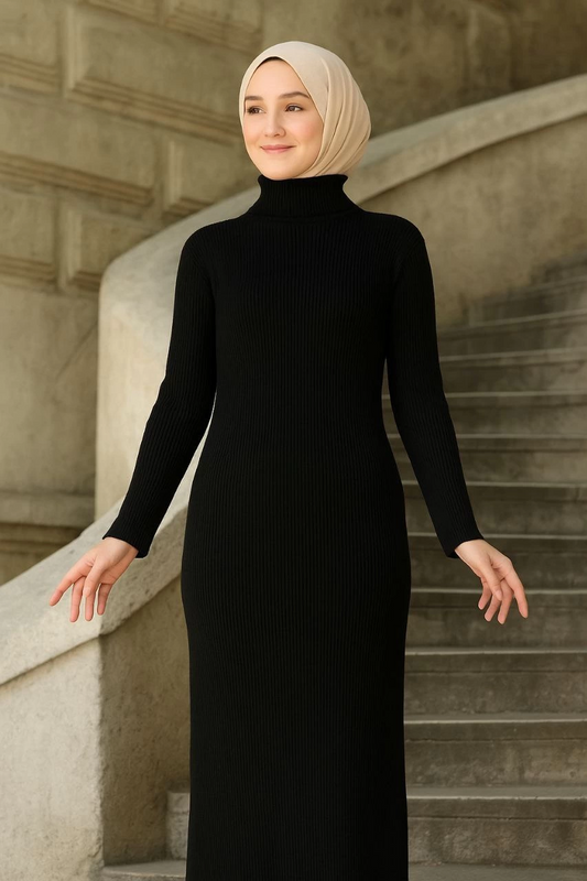 Sofanest Kadın Boğazlı Uzun Fitilli Tesettüre Uygun Triko Dokuma Elbise - Siyah