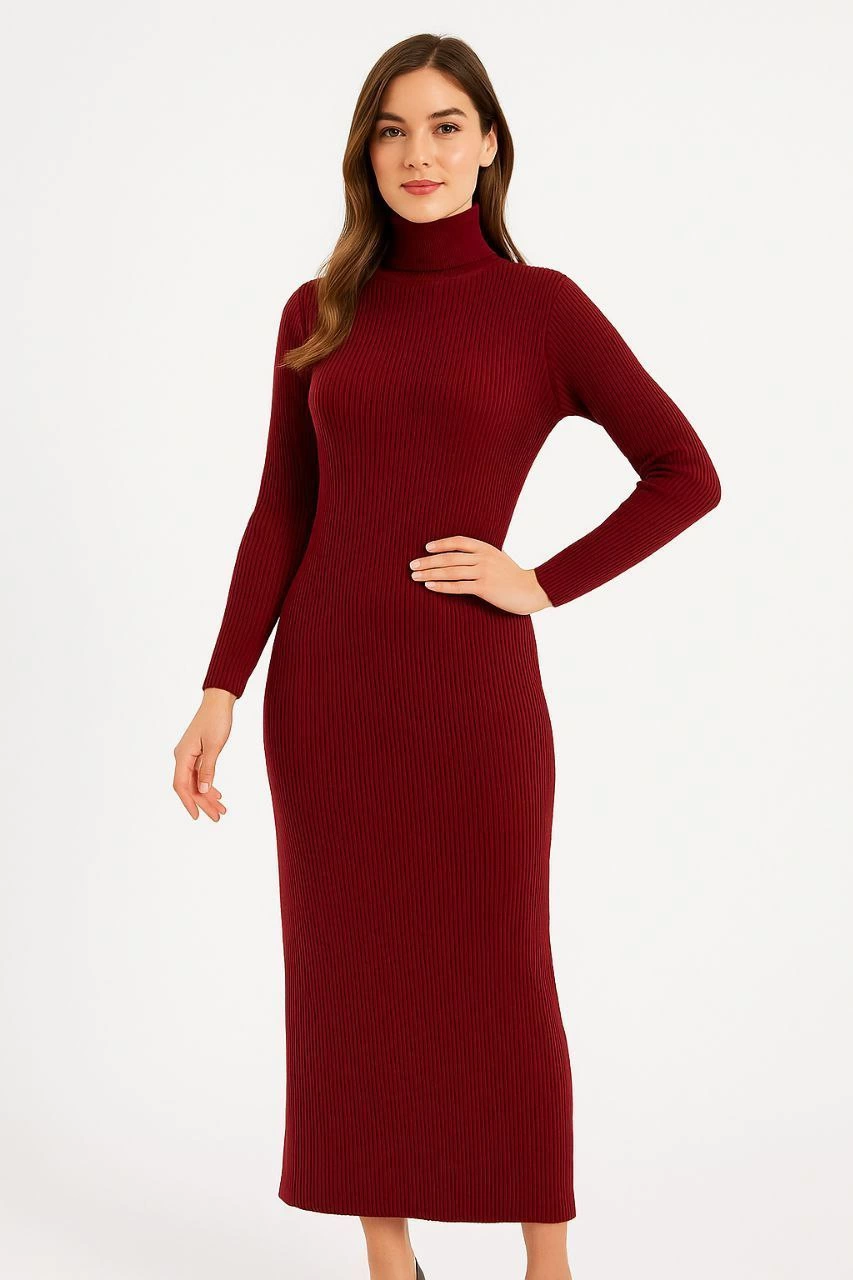 Sofanest Kadın Boğazlı Uzun Fitilli Triko Dokuma Elbise - Bordo