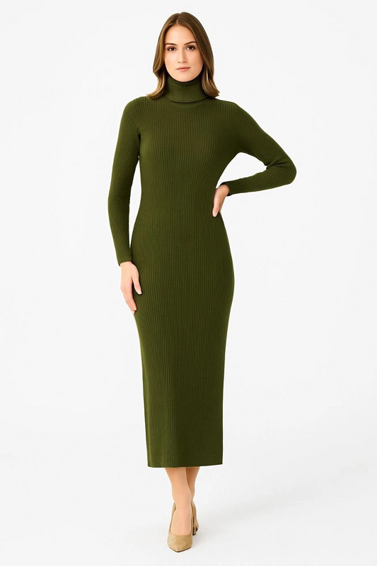 Sofanest Kadın Boğazlı Uzun Fitilli Triko Dokuma Elbise - Haki