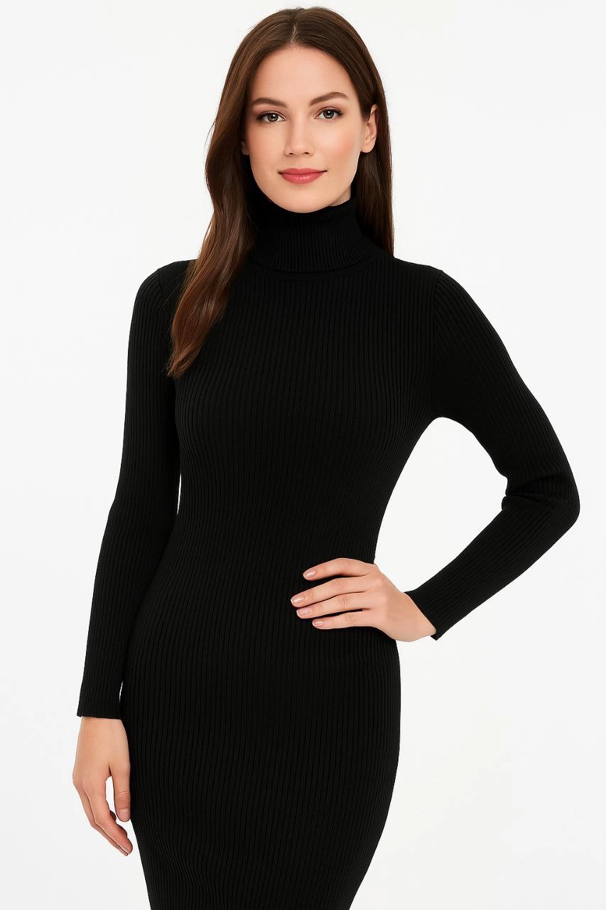 Sofanest Kadın Boğazlı Uzun Fitilli Triko Dokuma Elbise - Siyah