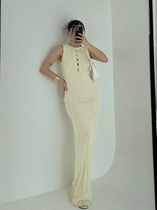 Sofanest Kalın Fitilli Uzun Triko Elbise - Kırık Beyaz