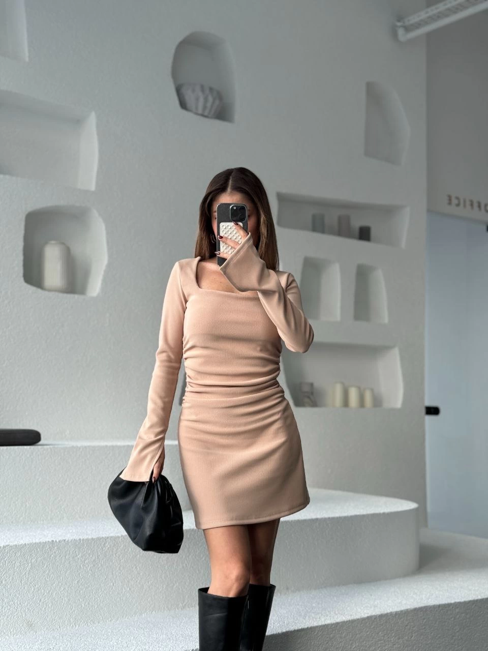 Sofanest Kare Yaka Mını Boy Fitilli Elbise - Bej