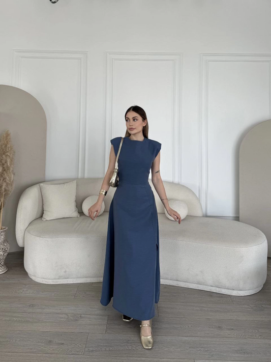 Sofanest Keten Yandan Yırtmaçlı Uzun Elbise Sıfır Kol Elbise - Mavi