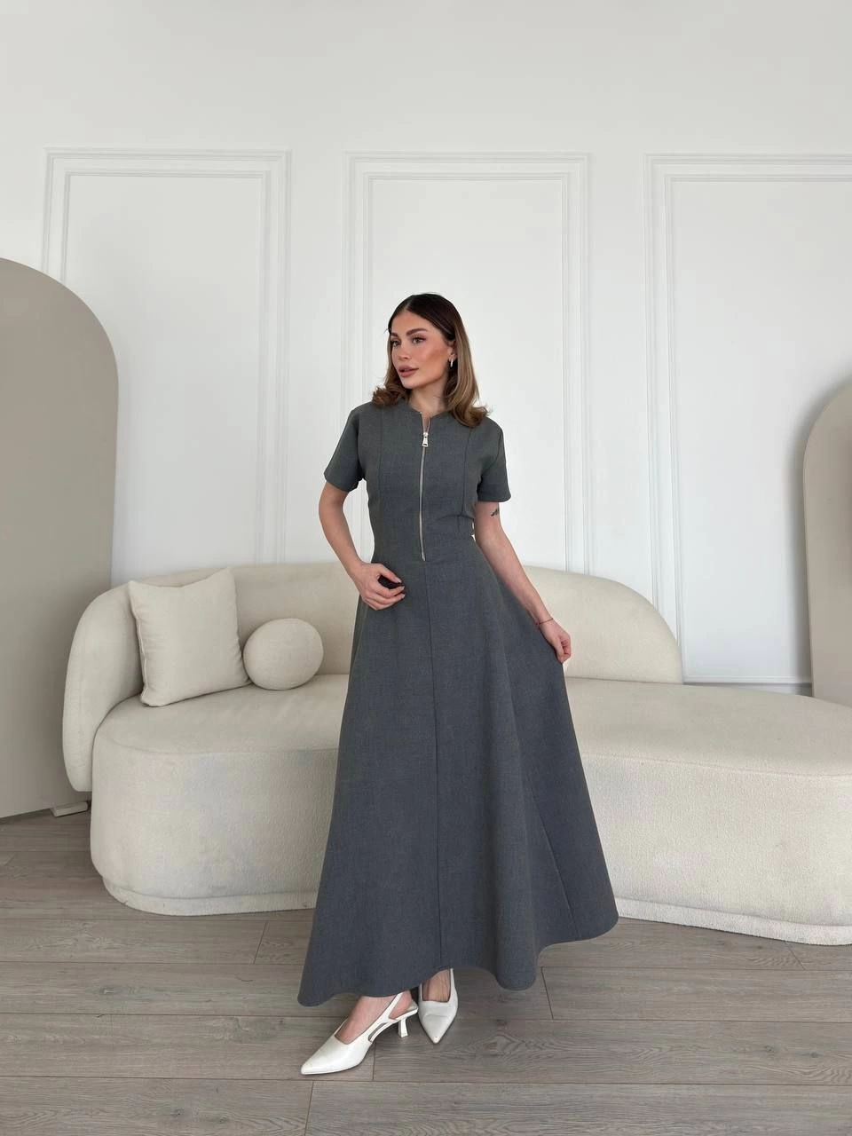 Sofanest Kısa Kollu Önden Fermuarlı Çan Etekli Uzun Elbise - Antrasit