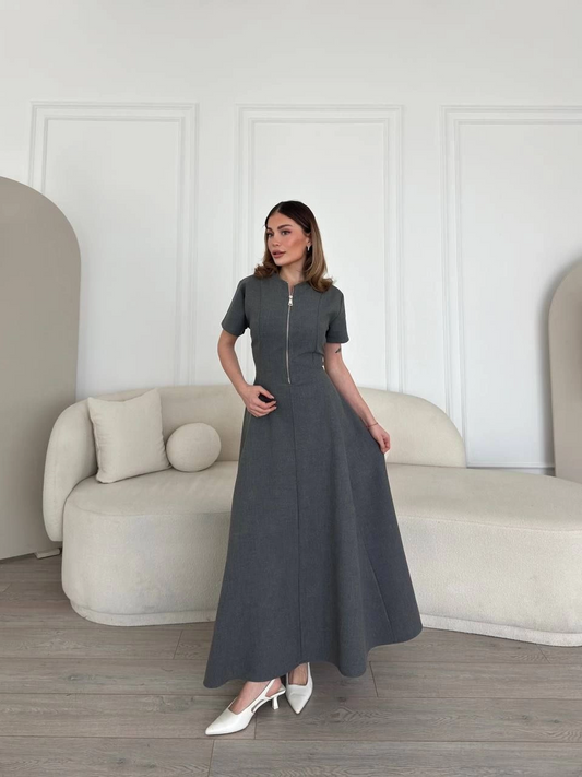 Sofanest Kısa Kollu Önden Fermuarlı Çan Etekli Uzun Elbise - Antrasit