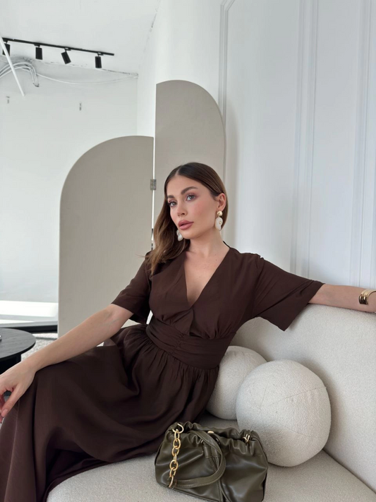 Sofanest Kısa Kollu Uzun Elbise - Kahve