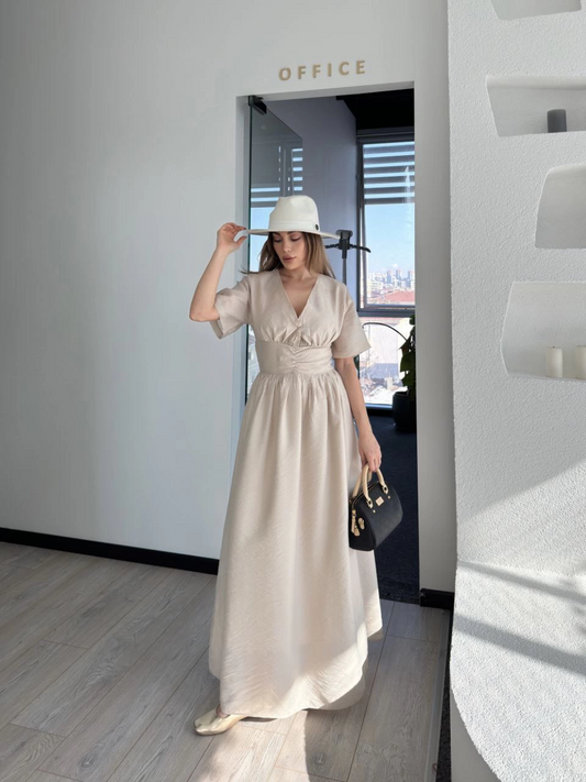 Sofanest Kısa Kollu Uzun Elbise - Kırık Beyaz