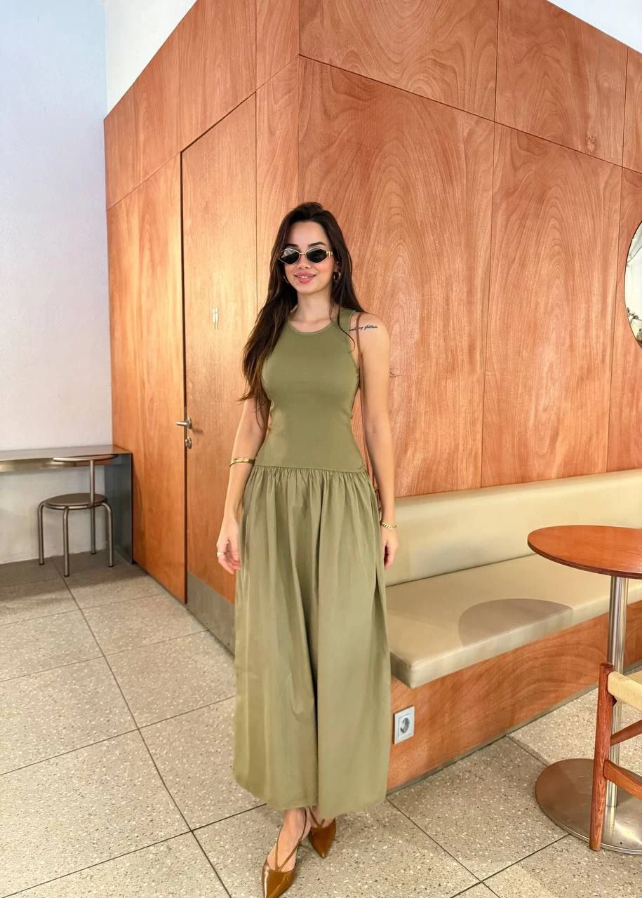 Sofanest Kolsuz Uzun Elbise - Haki