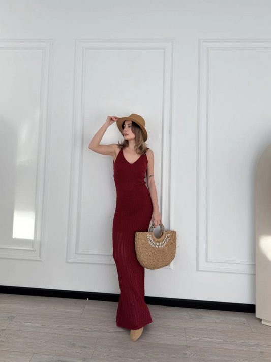 Sofanest Örgülü Uzun Triko Elbise - Bordo