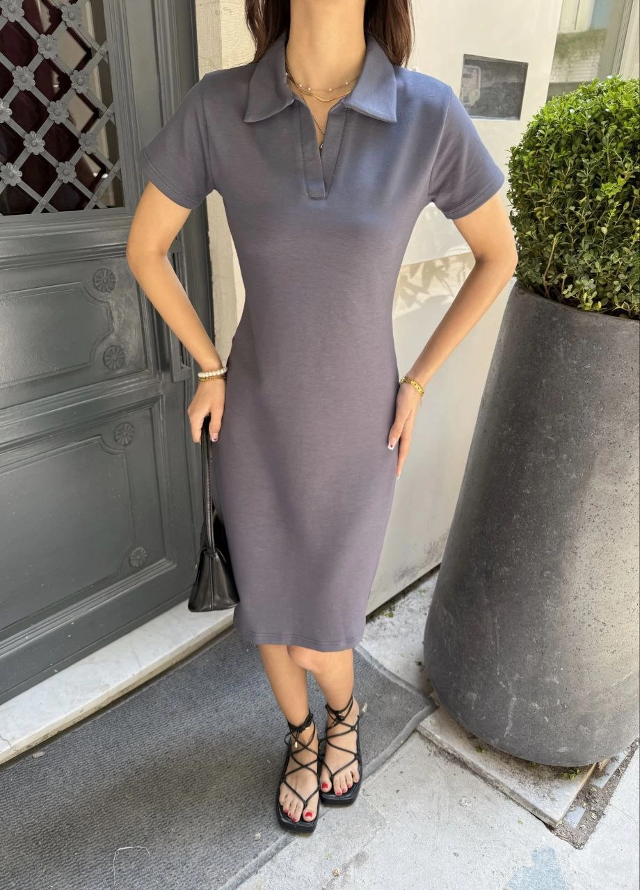 Sofanest Osy Modal Yumuşak Dokulu Kumaş Yakalı Kısa Kollu Elbise - Füme