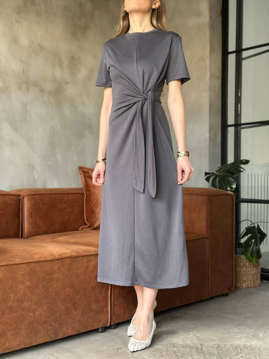 Sofanest Osy Modal Yumuşak Dokulu Kumaş Yandan Bağlamalı Elbise - Gri