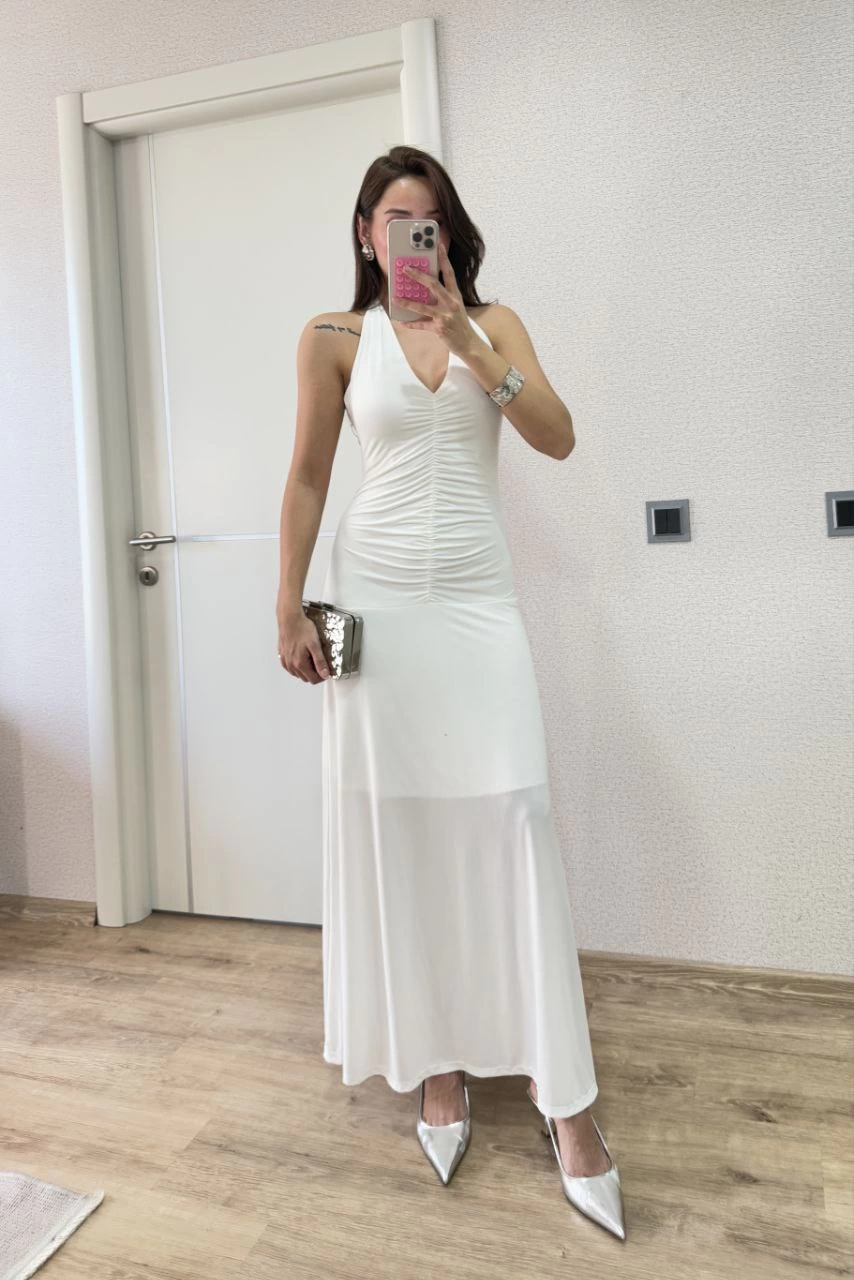 Sofanest Sırt dekolteli Uzun Elbise - Beyaz