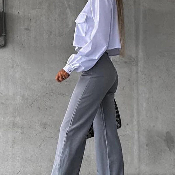 Sofanest Şık Kadın İkili Takım – Beyaz Crop Gömlek ve Yüksek Bel Siyah Pantolon, Modern Polyester Kombin