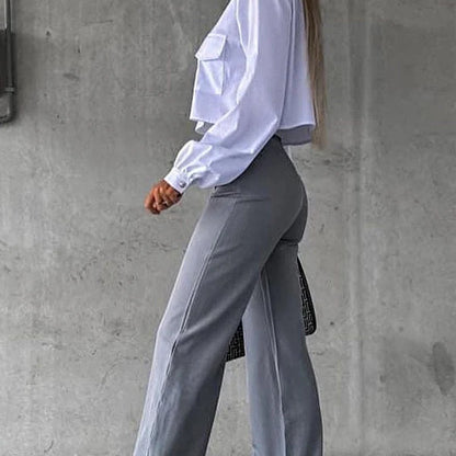 Sofanest Şık Kadın İkili Takım – Beyaz Crop Gömlek ve Yüksek Bel Siyah Pantolon, Modern Polyester Kombin